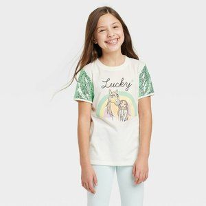 Girls' Spirit Sequin St. Patrick's Day Short Sleeve Graphic T-Shirt White Medium